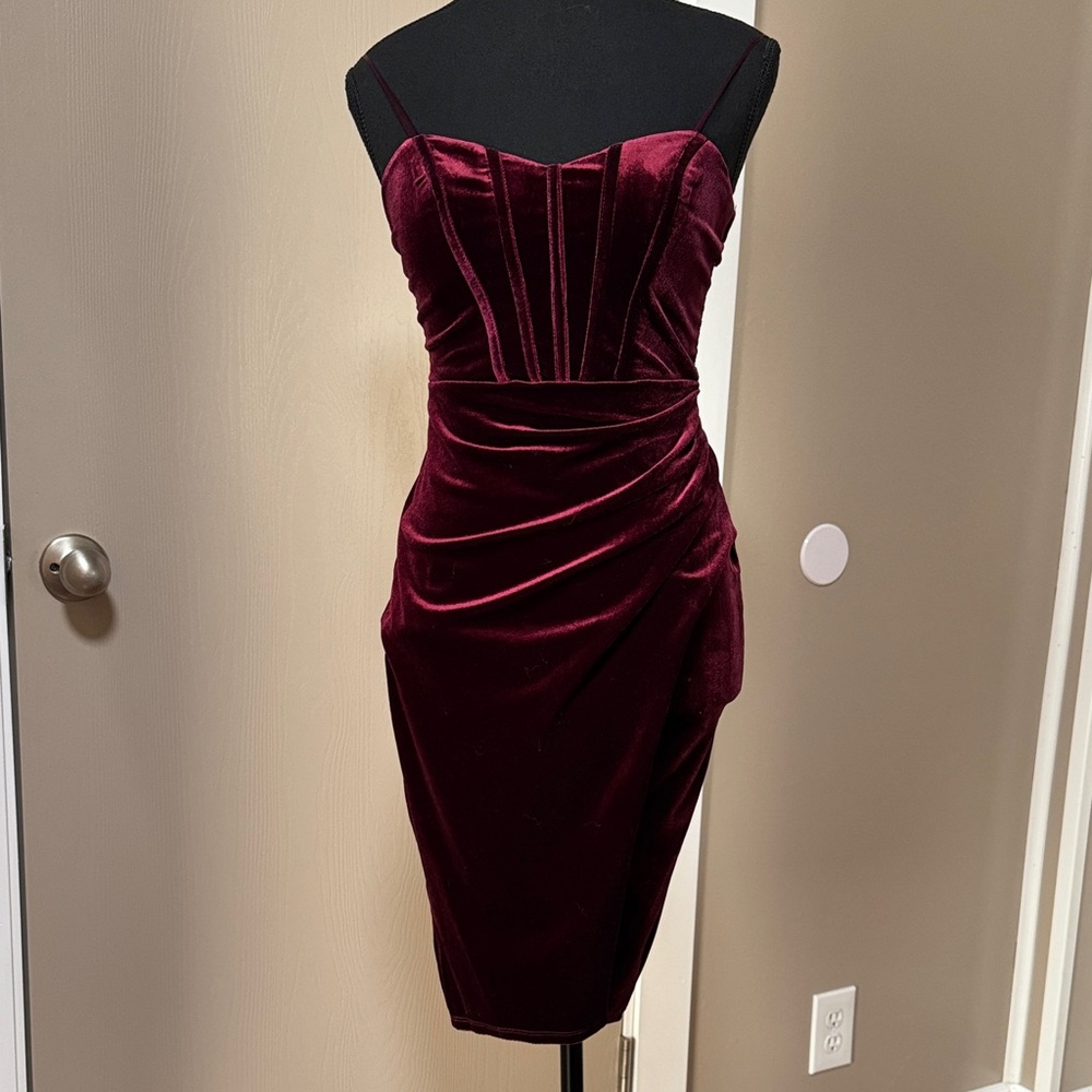 Ruched Wine Velvet Midi Dress with Corset Bodice